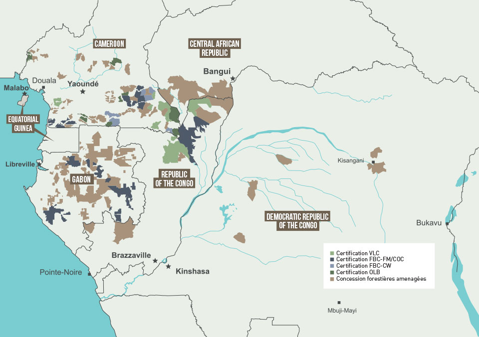 Carte des concessions forestières dans le Bassin du Congo