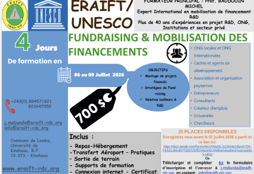 Strengthening capacity in fundraising: ERAIFT tThe École Régionale Post-universitaire d’Aménagement et de gestion intégrés des Forêts et territoires tropicaux (ERAIFT) is organizing a continuing training course on fundraising and rraining in Kinshasa, DRC